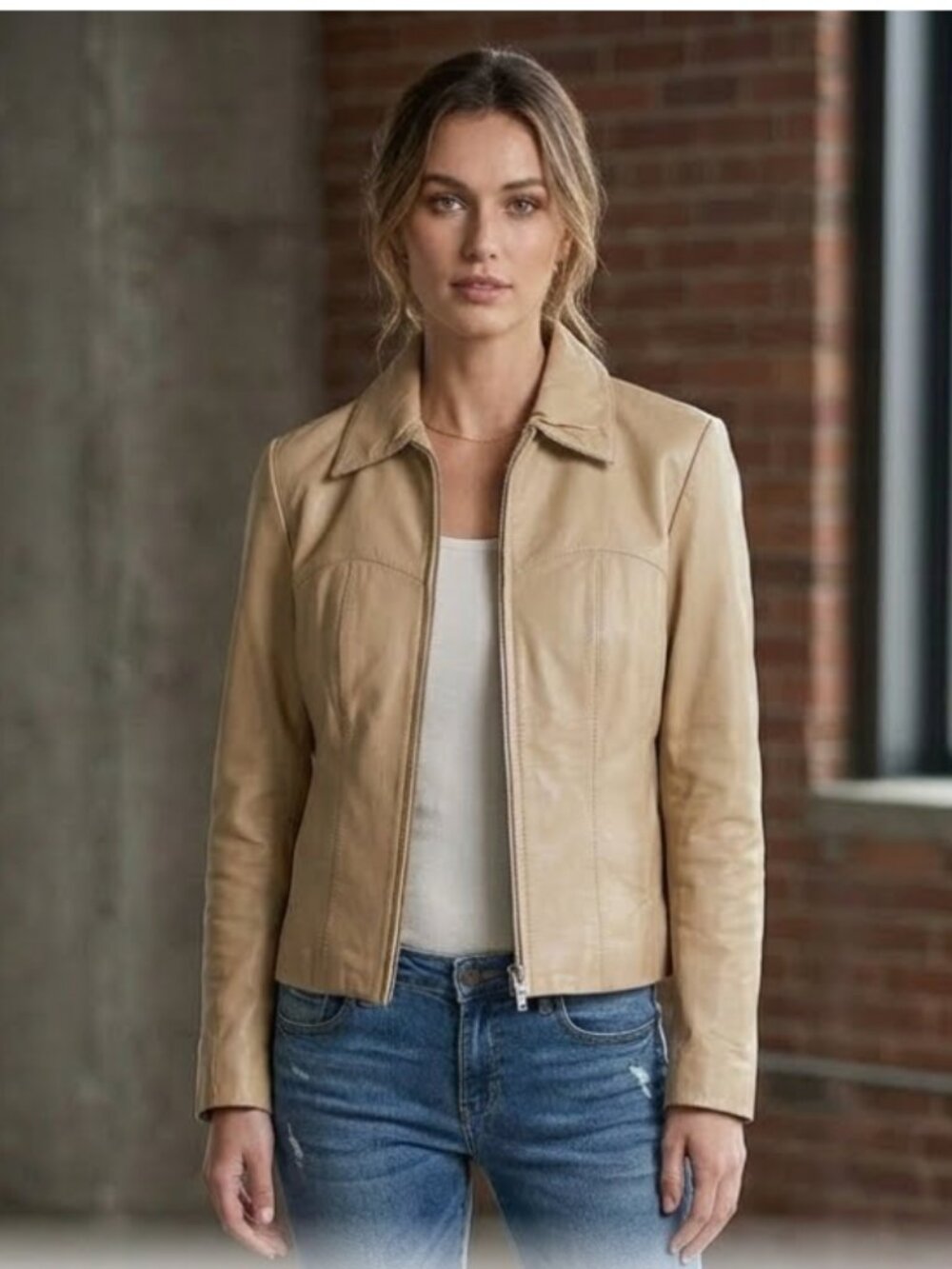 DANIER Vintage Camel Beige Leather Zip Up Corset Seam Jacket Small